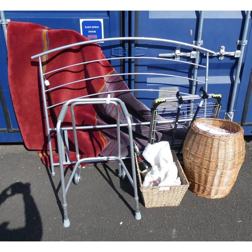 51B - METAL BED FRAME, PURPLE & RED CARPET, WICKER BASKET & 1 OTHER, ETC