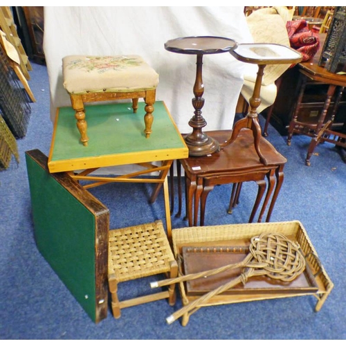 576 - NEST OF 3 MAHOGANY TABLES, MAHOGANY FRAMED STOOL, STOOL WITH ROPE WORK TOP ETC