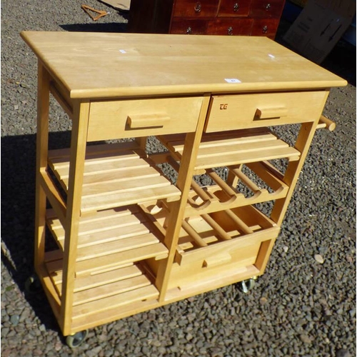 61 - BEECH WOOD DRINKS TROLLEY WITH 2 DRAWERS MARKED T.E TO FRONT