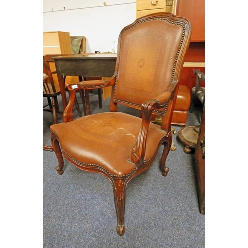 9 - MAHOGANY FRAMED FRENCH OPEN ARMCHAIR WITH LEATHER BACK & SERPENTINE SEAT ON CABRIOLE SUPPORTS