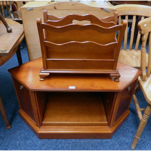 98 - YEW WOOD MEDIA CABINET WITH HEXAGONAL TOP AND 2 PANEL DOORS AND YEW WOOD MAGAZINE RACK