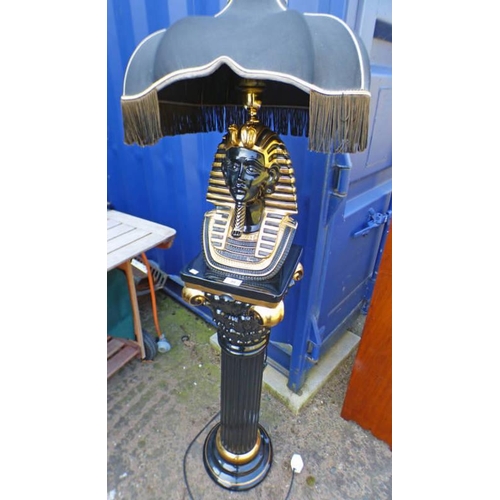 99 - PORCELAIN BLACK AND GOLD STANDARD LAMP WITH TUTANKHAMUN FIGURE ON CORINTHIAN COLUMN SIGNED AHURA HEI... 