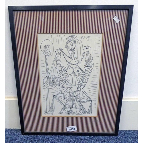 1058 - FRAMED PICASSO ?  PRINT DATED 8-9-38 - 30 CM X 20 CM