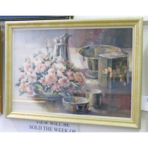 1063 - ETHEL WALKER - (ARR),  STILL LIFE OF FLOWERS IN A BOWL   SIGNED,  FRAMED OIL PAINTING,  39 X 56 CM