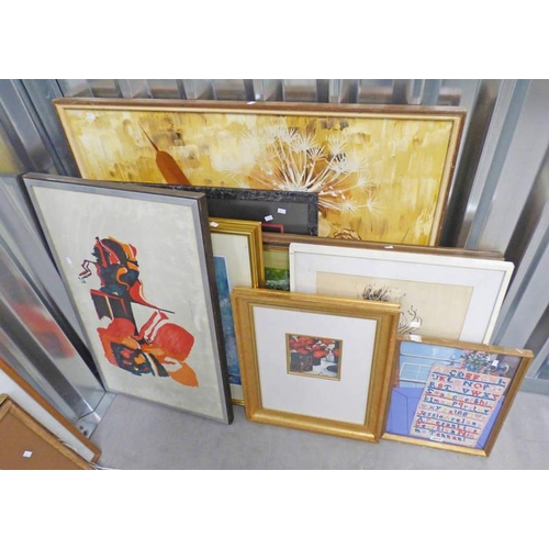 1064 - FRAMED PAINTING, VARIOUS GILT FRAMED PICTURES, SAMPLER & LARGE SELECTION PICTURES