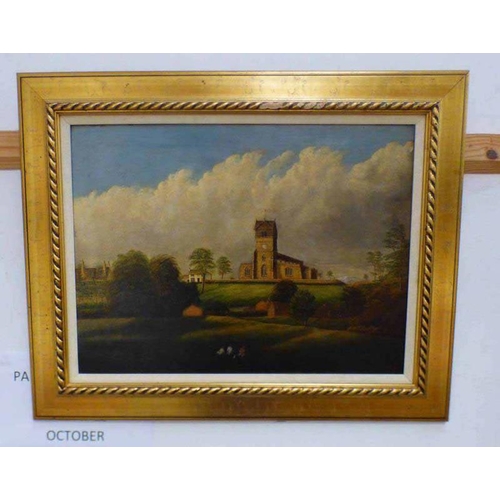 1065 - H FORREST,  CHURCH SCENE,  SIGNED & DATED 1870,  GILT FRAMED OIL PAINTING 44 X 60 CM