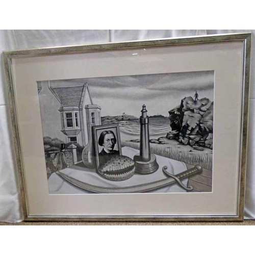 1067 - ALLAN COWNELL,  THE CHILDHOOD OF R.L.S.,  SIGNED,  FRAMED PASTEL & CHARCOAL DRAWING,  52 X 72 CMS