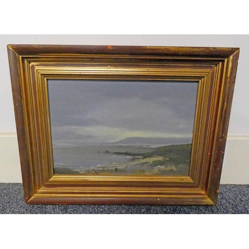 1080 - SCOTTISH SCHOOL,  COASTAL SCENE,  UNSIGNED,  GILT FRAMED OIL PAINTING 21 CM X 31 CM