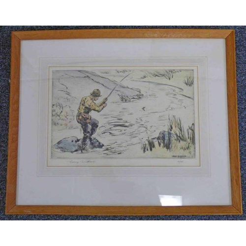 1428 - HENRY WILKINSON,  FLY FISHING,  SIGNED,  FRAMED COLOURED ETCHING,  21 X 34CM