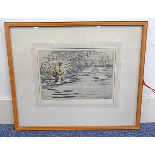 1430 - HENRY WILKINSON,  FLY FISHING,  SIGNED,  FRAMED COLOURED ETCHING,  21 X 34CM