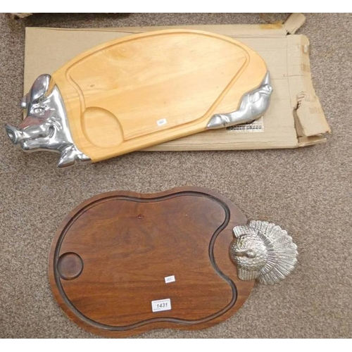 1431 - TWO WOOD AND METAL SERVING TRAY / BOARDS, ONE WITH A TURKEY HANDLE AND THE OTHER IN THE SHAPE OF A P... 