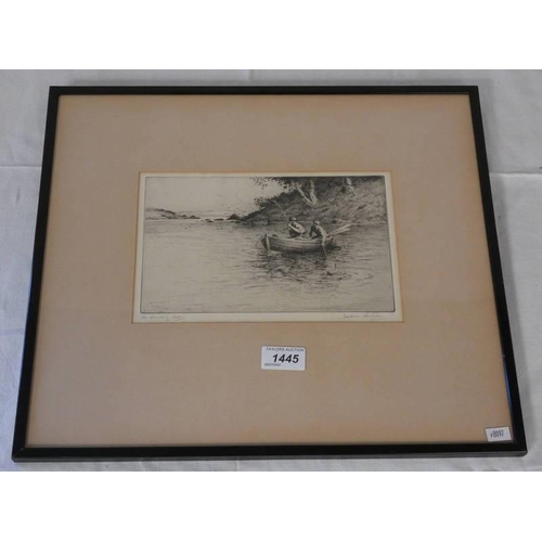 1445 - JACKSON SIMPSON THE LANDING NET SIGNED FRAMED ETCHING 14 X 22.5 CM