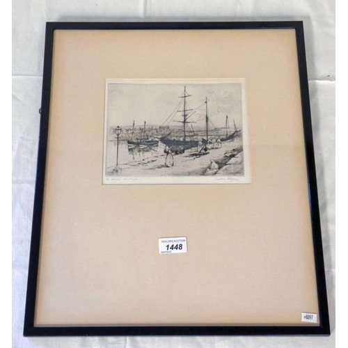 1448 - JACKSON SIMPSON THE HARBOUR STONEHAVEN SIGNED FRAMED ETCHING 15 X 19.5 CM