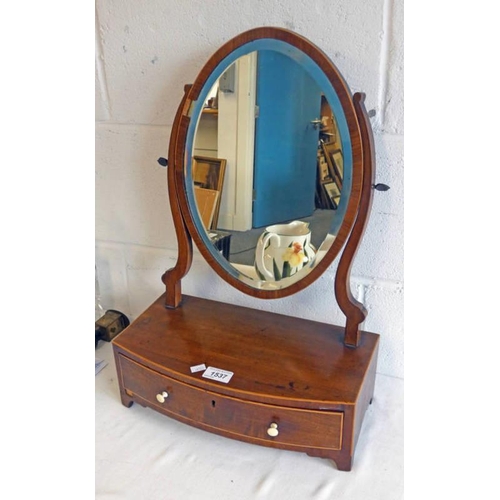 1537 - 19TH CENTURY MAHOGANY DRESSING MIRROR WITH SHAPED SUPPORTS AND SINGLE DRAWER WITH BOXWOOD INLAY