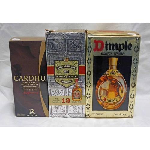 2050K - 3 BOTTLES CARDHU 12 YEAR OLD SINGLE MALT WHISKY, CHIVAS REGAL 12 BLEND & DIMPLE BLENDED. ALL BOXED