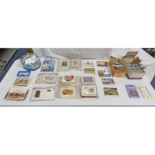 2715 - 4 BOXES OF VARIOUS WORLDWIDE POSTCARDS, FDC'S STAMPS, ETC, TO INCLUDE ALBUMS & LOOSE, WITH TOPOGRAPH... 