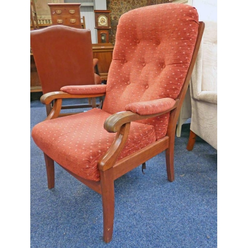 301 - OAK FRAMED BUTTON BACK ARMCHAIR ON SQUARE SUPPORTS