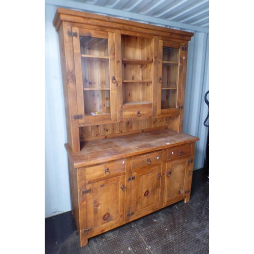 302 - RUSTIC PINE BOOKCASE WITH 2 GLASS PANEL DOORS OVER BASE OF 3 DRAWERS OVER 3 PANEL DOORS LENGTH 152 C... 