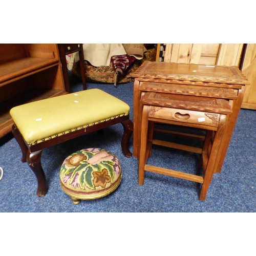 305 - NEST OF 3 CARVED HARDWOOD TABLES, MAHOGANY FRAMED STOOL ETC