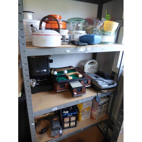 3257 - VARIOUS KITCHENALIA, MASSAGER, PUTTING SET, COFFEE MACHINE ETC OVER 3 SHELVES