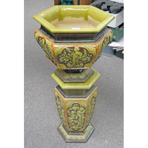 3263 - DOULTON LAMBETH GREEN & BROWN JARDINIERE ON STAND - 91 CM TALL