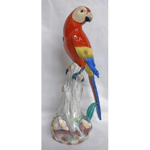 3276 - MEISSEN STYLE PORCELAIN FIGURE OF A PARROT SAT ON A TREE STUMP, MODEL NO.63, BLUE CROSSED SWORDS MAR... 