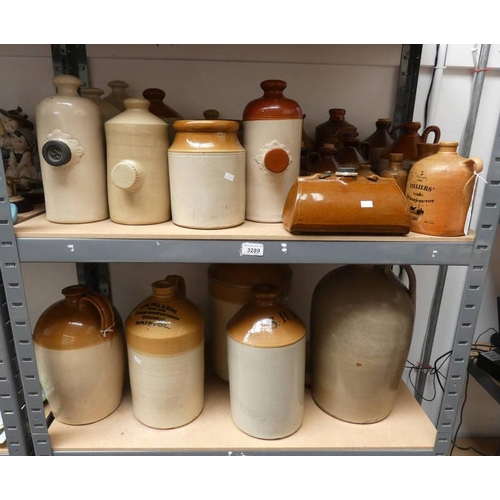 3289 - LARGE SELECTION STONEWARE JARS, HOT WATER BOTTLES ETC OVER 2 SHELVES