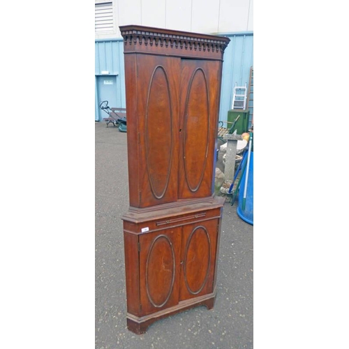 44 - EARLY 20TH CENTURY MAHOGANY CORNER CABINET WITH 2 PANEL DOORS OVER SLIDE WITH 2 PANEL DOORS BELOW