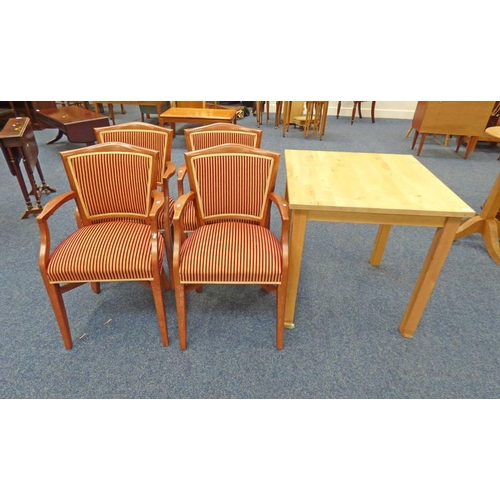 596 - SET OF 4 STRIPED ARMCHAIRS ON SQUARE SUPPORTS AND BEECH WOOD KITCHEN TABLE LENGTH OF TABLE 74 CM