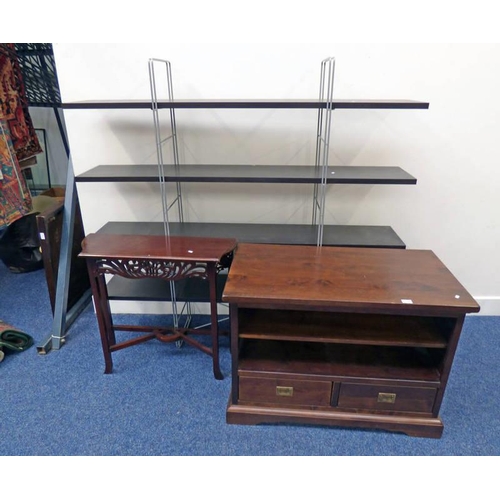 597 - MAHOGANY MEDIA UNIT WITH 2 DRAWERS, MAHOGANY SIDE TABLE AND METAL SHELF UNIT