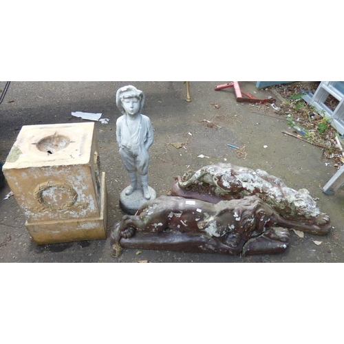 6068 - PAIR OF CONCRETE LION FIGURES, CHILD FIGURE, ETC