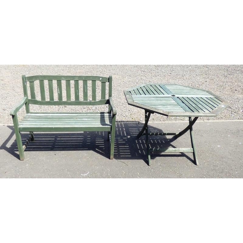 6072 - GARDEN WOODEN TABLE AND WOODEN BENCH. LENGTH OF TABLE. 110CM