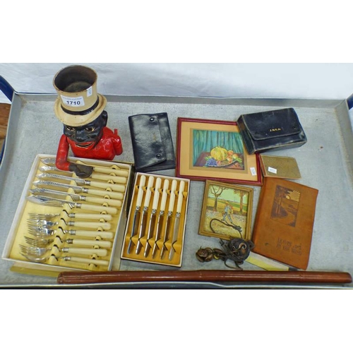 1710 - NOVELTY MONEY BANK, VARIOUS CUTLERY, LEATHER BOUND SWAGGER STICK, FRAMED PRINTS, GAMING SETS ETC