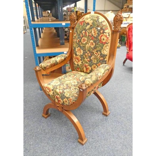 5630 - 19TH CENTURY OAK OPEN ARMCHAIR ON CROSS FRAMED SUPPORTS WITH CARVED MITRE HAT DECORATION