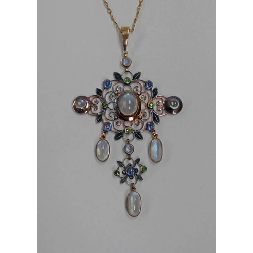 695 - EARLY 20TH CENTURY MOONSTONE, CABOCHON SAPPHIRE & DEMANTOID GARNET PENDANT. THE CENTRAL MOONSTONE SE... 