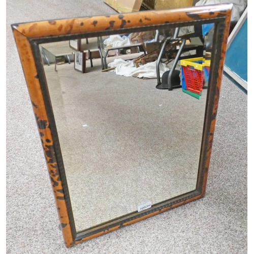 1053H - 19TH CENTURY TORTOISESHELL EFFECT FRAMED BEVEL EDGED MIRROR WITH STAND TO REAR, OVERALL 51 X 41 CM