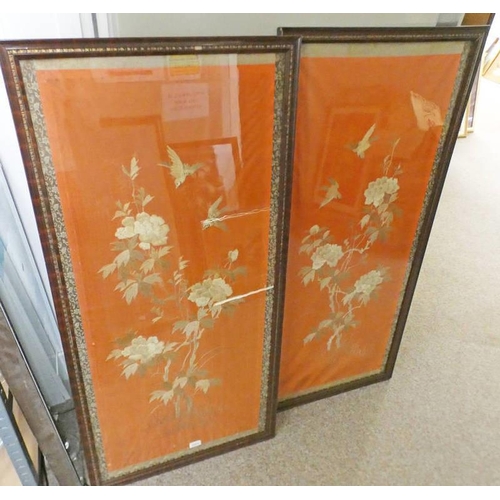 1053J - 2 FRAMED ORIENTAL SEWN WORK PANEL PICTURES, OVERALL SIZE 127 X 63 CM