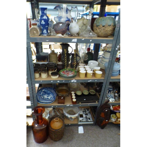 3222 - SALIX ART POTTERY BOWL, OATHLAW POTTERY JUGS, CHICKENS, CUT GLASS DECANTER, BLUE AND WHITE WARE, JAM... 