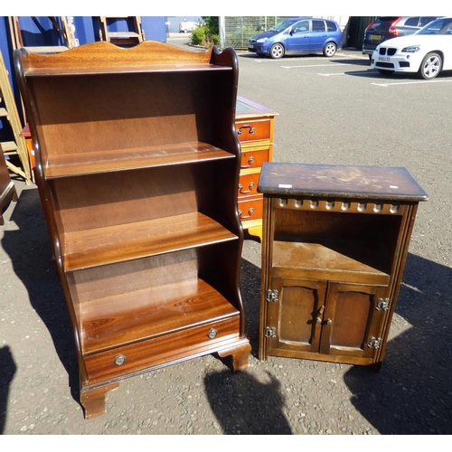 34 - MAHOGANY OPEN BOOKCASE WITH OPEN SHELVES OVER DRAWER & OAK CABINET WITH 2 PANEL DOORS