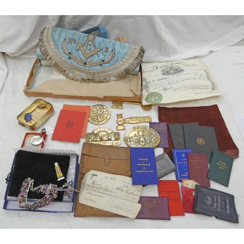 1018 - SCOTTISH MASONIC SASH, MASONIC BOOKLETS, ALUMINIUM MEDAL MADE FROM THE FIRST INGOTS OF LOCHABER ALUM... 