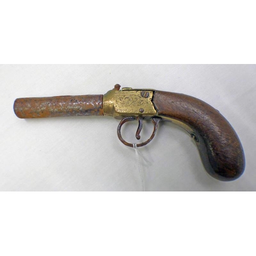 1148 - 19TH CENTURY PERCUSSION POCKET PISTOL WITH BLUED STEEL BARREL - 7CM BIRMINGHAM PROOF MARKS. WALNUT B... 