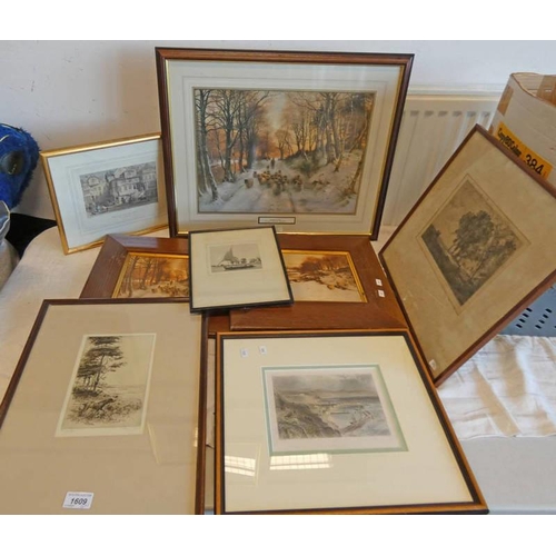 1609 - SELECTION OF FRAMED PICTURES TO INCLUDE A JACKSON SIMPSON ETCHING THE POINTER, STONEHAVEN PRINT, JOH... 