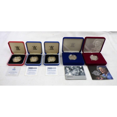 2638 - 1997 UK GOLDEN WEDDING ANNIVERSARY SILVER PROOF £5, 2 X 1999 MILLENNIUM SILVER PROOF £5 COINS, 2022 ... 