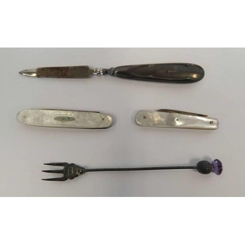 49 - 2 SILVER BLADED MOTHER OF PEARL KNIVES, SILVER AMETHYST SET FORK, SILVER HANDLED FILE