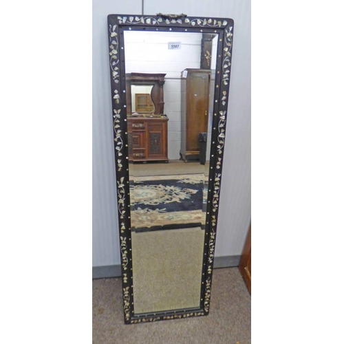 5587 - EBONISED EASTERN HARDWOOD FRAMED MIRROR WITH DECORATIVE MOTHER OF PEARL INLAY  109 CM TALL X 28 CM W... 