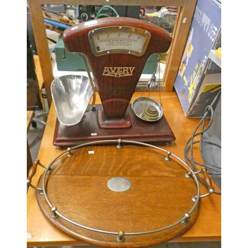 5592 - LATE 19TH CENTURY OAK DRINKS TRAY MARKED LIBERTON 1889 & SET OF AVERY SHOP SCALES