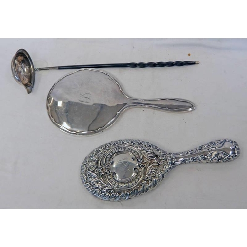 589 - 2 SILVER MOUNTED HAND MIRRORS & SILVER PUNCH LADLE WITH TWISTED HORN HANDLE