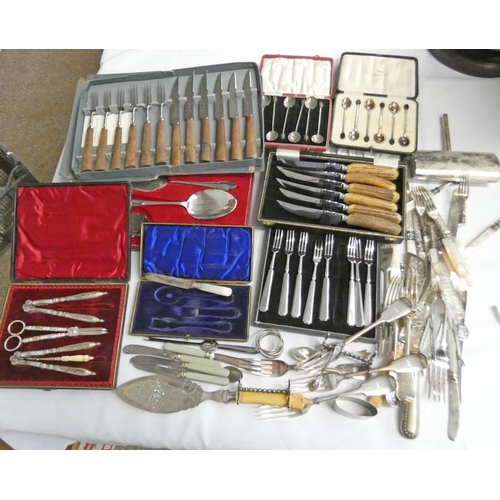 596 - LARGE SELECTION OF SILVER PLATED CUTLERY TO INCLUDE CASED KNIVES, FORKS ETC. MOTHER OF PEARL CUTLERY... 