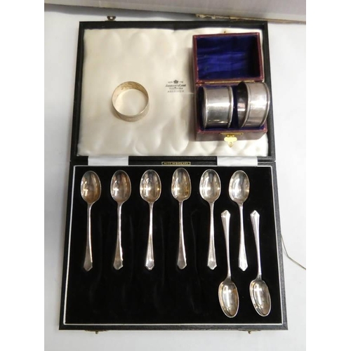 597 - 8 SILVER TEASPOONS, BIRMINGHAM 1962, PAIR CASED SILVER NAPKIN RINGS, BIRMINGHAM 1942 & ONE OTHER SIL... 