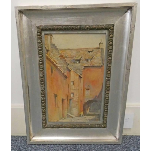 1100A - M BALLANTINE VIEW OF A 19TH CENTURY STREET FRAMED WATERCOLOUR SIGNED 32 CM X 20 CM